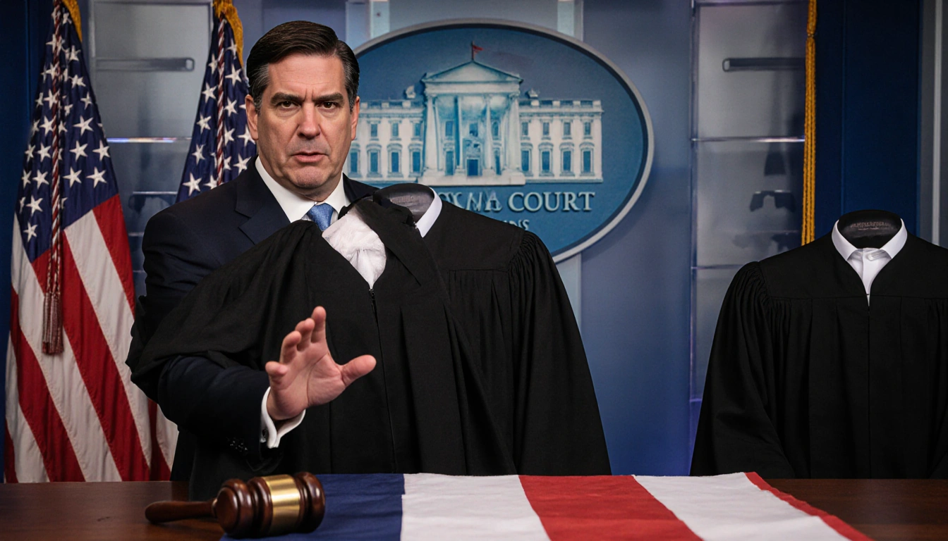 Secretary Marco Rubio gesturing toward a wooden table with a gavel and faded flag backdrop