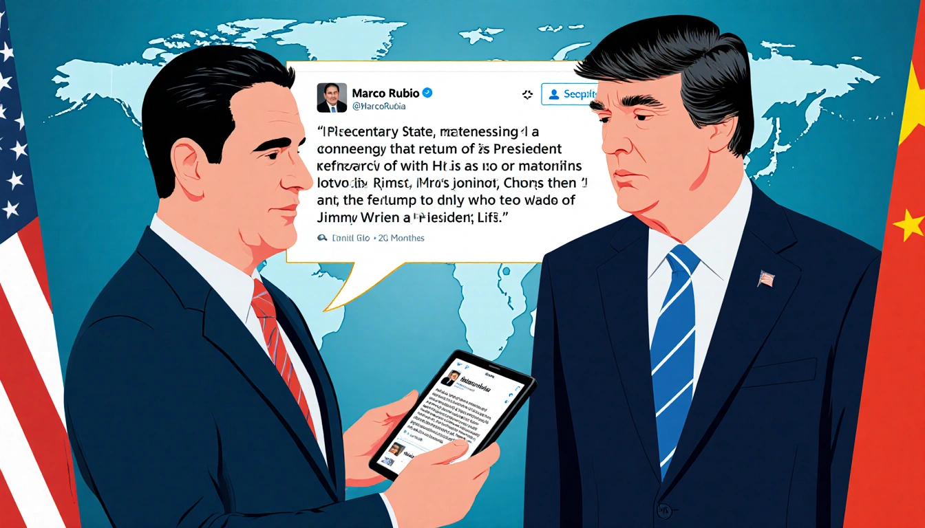 Marco Rubio addresses President Trump on social media with a tablet showing his post bubble with Trump's reply over a globe