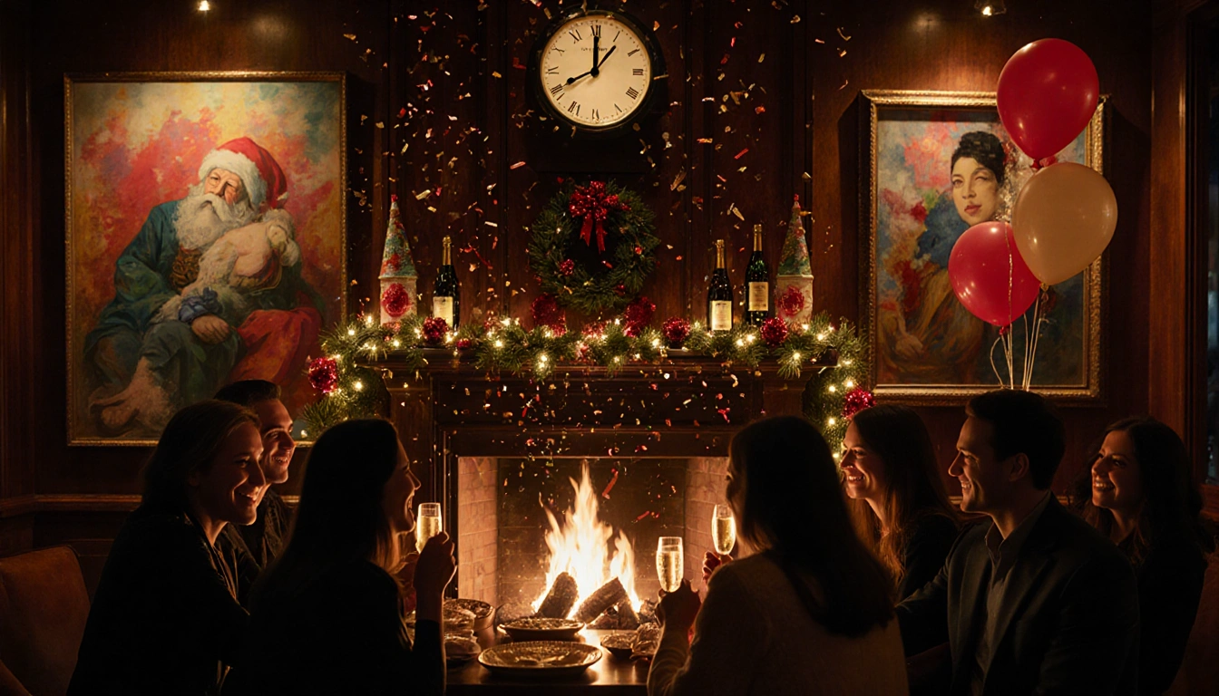 Patrons gather around the fire with champagne and confetti celebrating midnight at the Ruby Bar