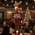 Rudolph the Red-Nosed Reindeer figurine perching on a wooden sign with twinkling lights and festive patrons in the background