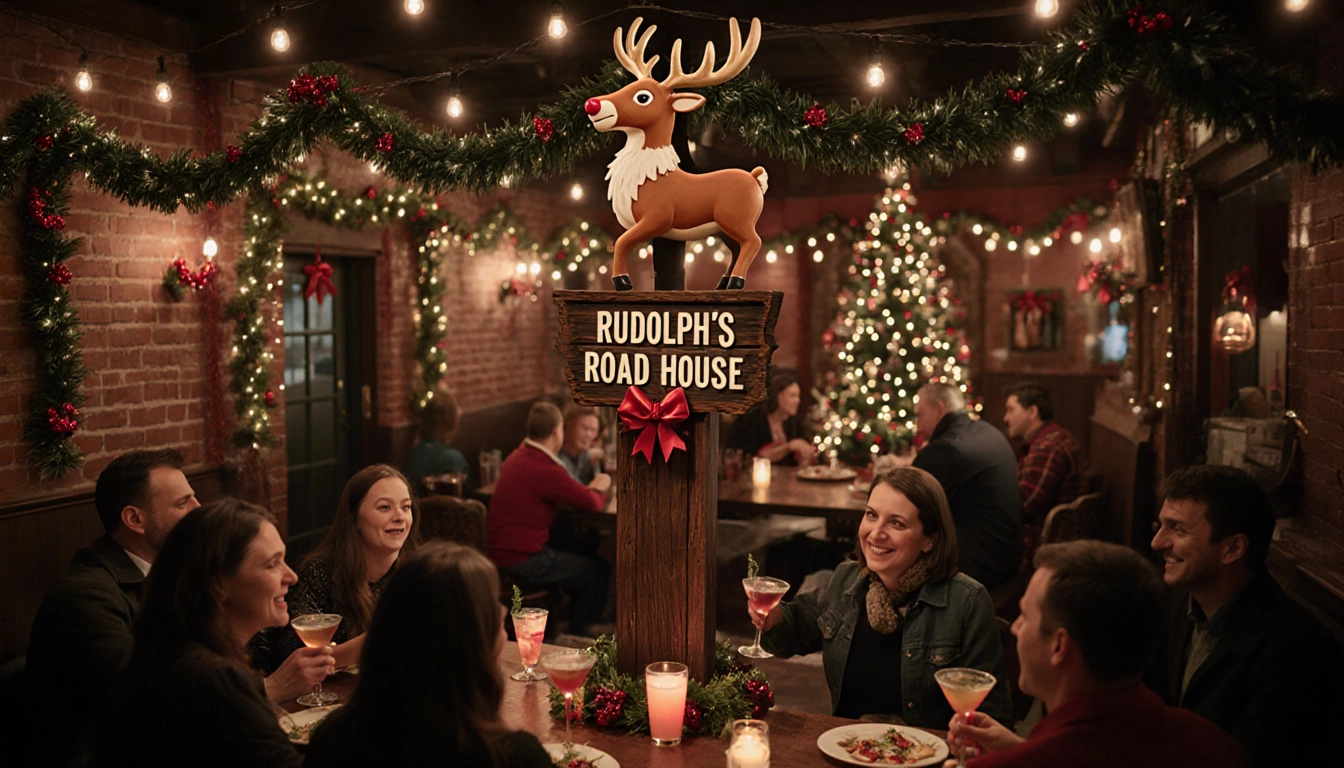 Rudolph the Red-Nosed Reindeer figurine perching on a wooden sign with twinkling lights and festive patrons in the background