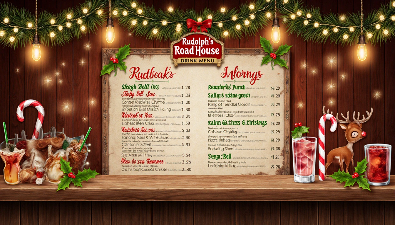 Holiday menu items arranged on a wooden counter with festive lights holly mistletoe and candy canes.