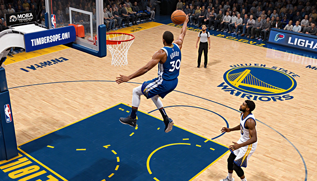 Rudy Gobert jumping high to score a layup Timberwolves logo while Donte DiVincenzo releases 3‑pointer behind him