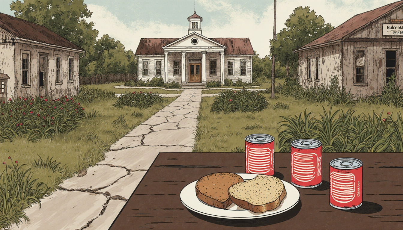 Table displaying canned goods and stale bread with rural sidewalk and garden showing SNAP restrictions on food insecurity.