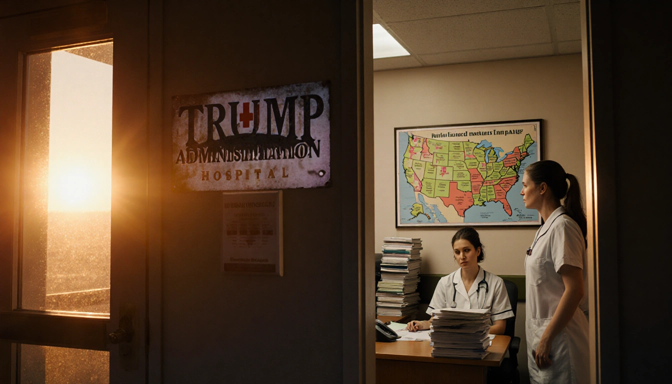Nurse reviewing paperwork at a rural hospital desk with a sunset glow and a map of funding gaps.