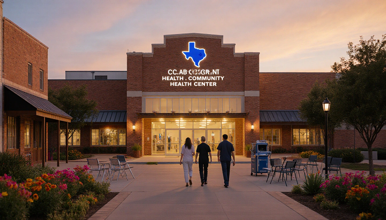 People walking toward new community health center in Texas with golden light spilling inside and vibrant flowers around.