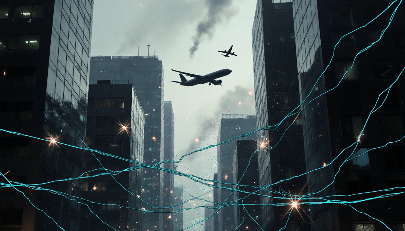 Cyber cables snake across a cityscape with flickering lights and a plane silhouette taking off near an airport