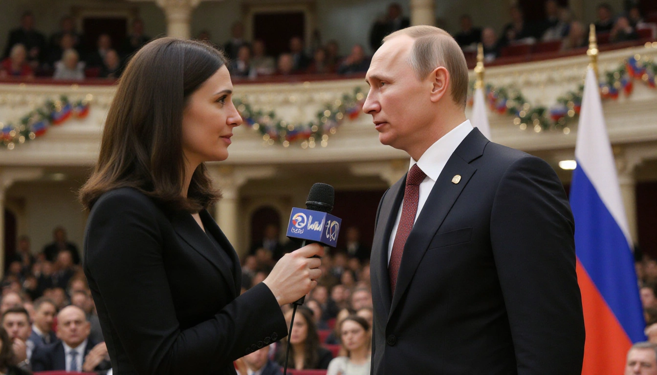 Russian journalist asking Putin a question with microphone at podium and reporters watching in Gostinny Dvor.