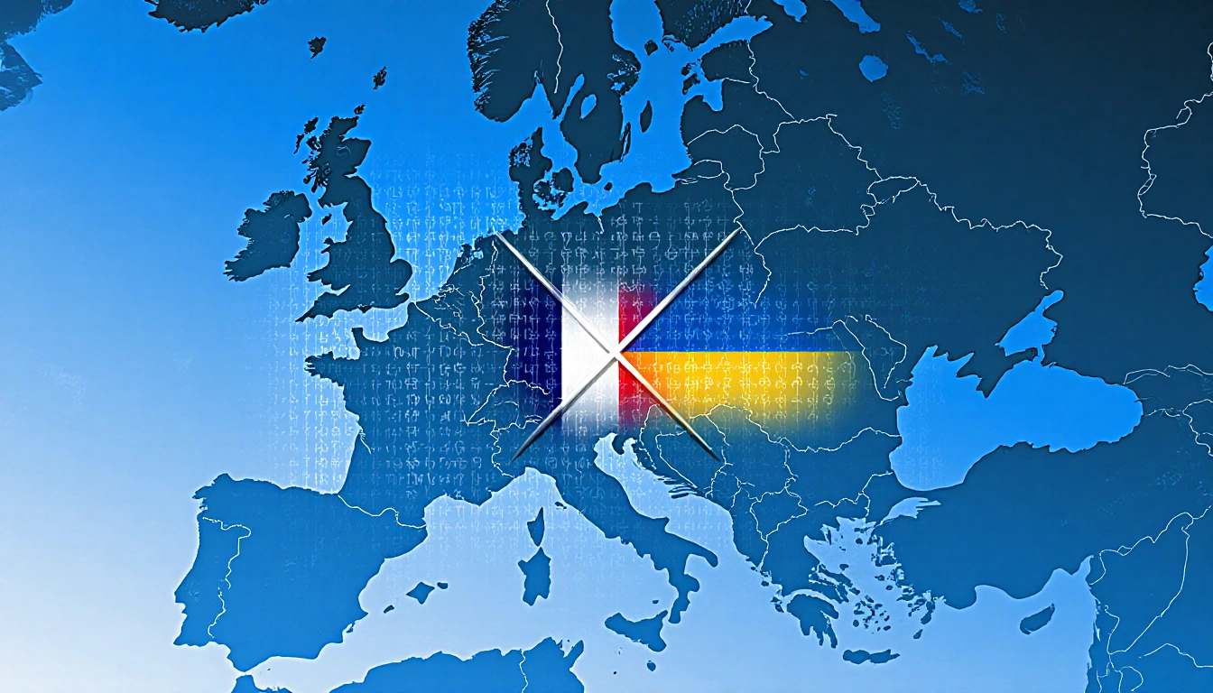 Stylized map of Russia shows France and Ukraine flags in a cryptic grid with glitch effects on blue background.