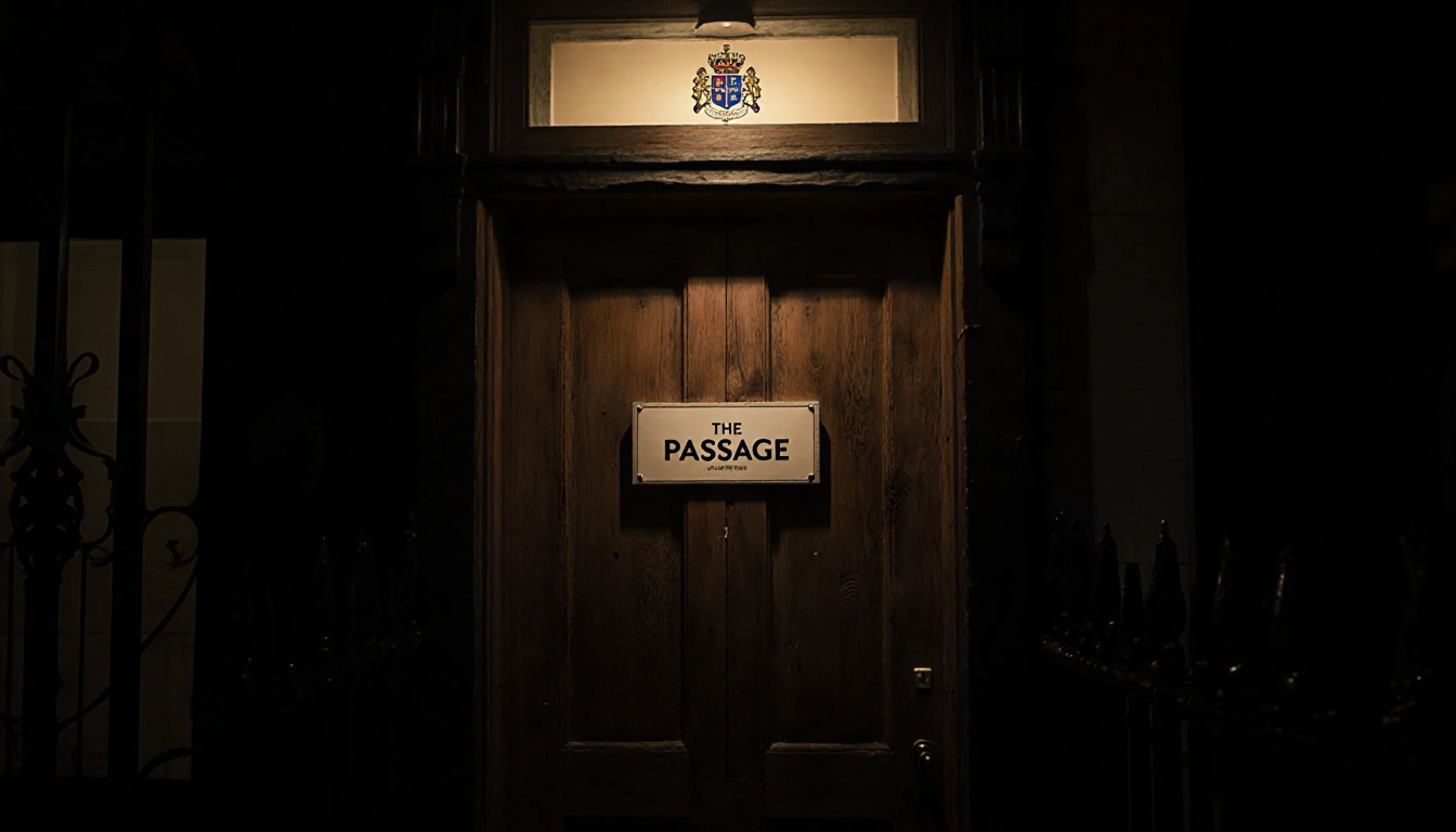 Rustic wooden door emits warm glow with sign reading The Passage and subtle royal crest in background.