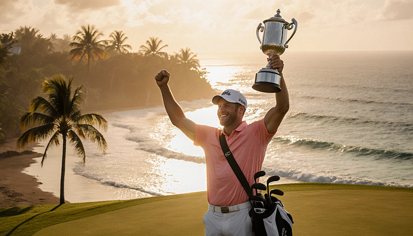 Ryan Gerard lifts a gleaming golf trophy with an ecstatic grin amid Mauritius