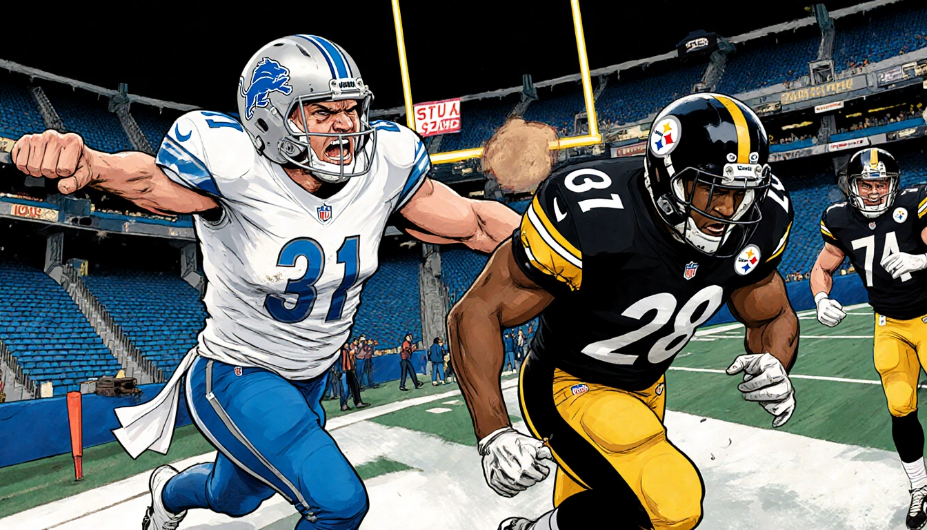 Ryan Kennedy stumbling backward clutching his head with Metcalf swinging arm and stadium football backdrop