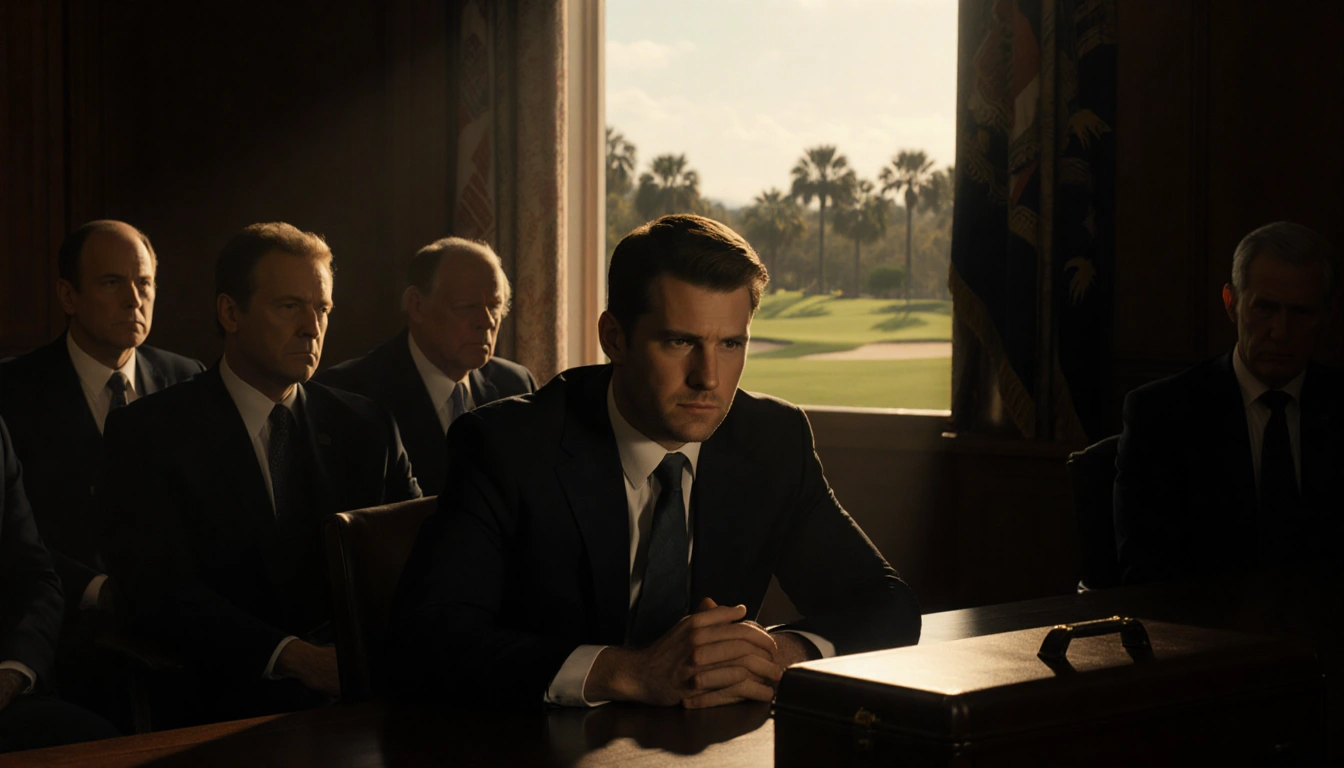 Ryan Routh sitting in courtroom with judges and golf course visible through window under lighting