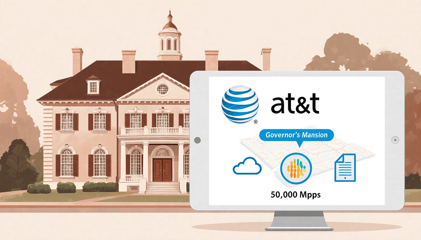 Illustrated Sacramento Governor's Mansion showing AT&T fiber on tablet with 5000 Mbps map behind