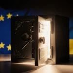 Ornate safe opens revealing glowing light with blurred EU and Ukrainian flags behind evoking tension over frozen assets