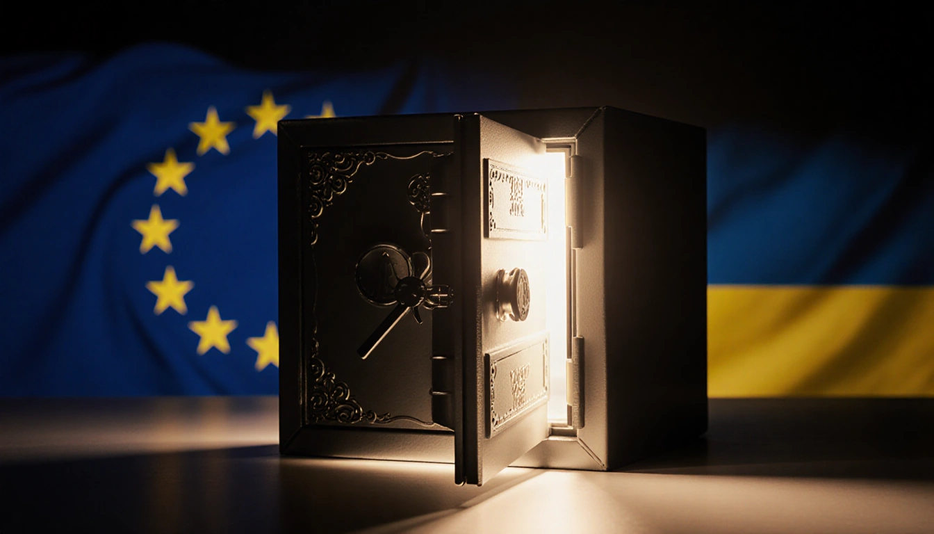 Ornate safe opens revealing glowing light with blurred EU and Ukrainian flags behind evoking tension over frozen assets