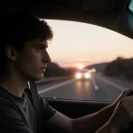 Young adult buckling passenger seatbelt with SUV headlights illuminating face on winding road at dusk