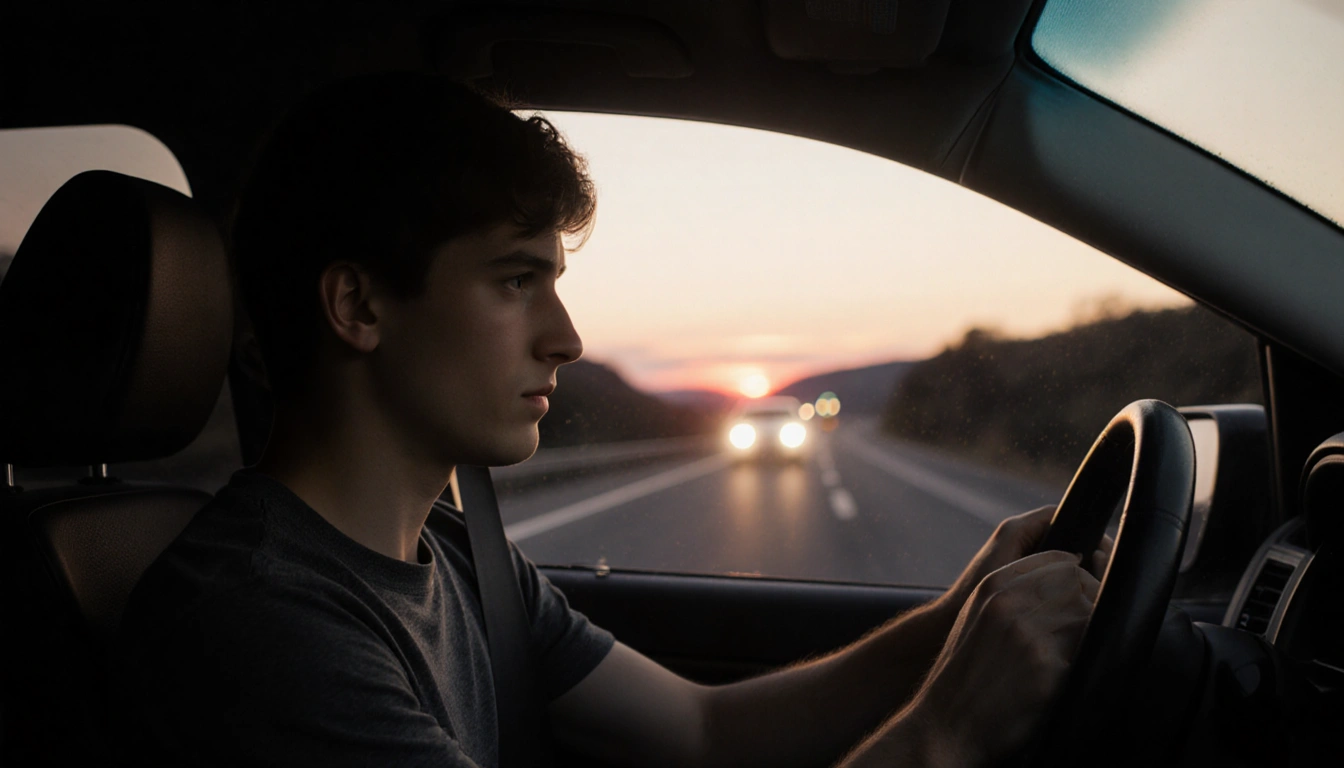 Young adult buckling passenger seatbelt with SUV headlights illuminating face on winding road at dusk