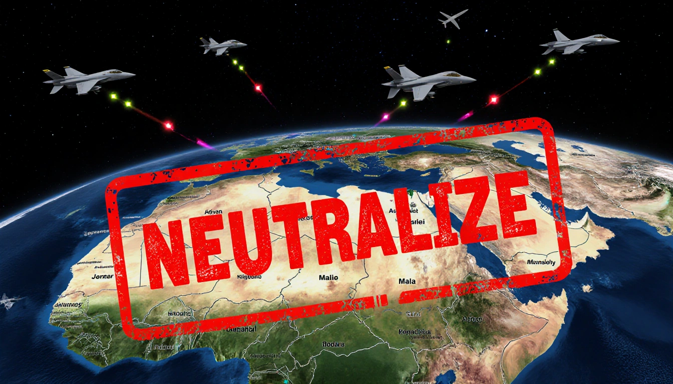 Air defense system activates warning lights and sirens with map foreground aircraft silhouettes flying away over night sky