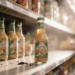 Open salad dressing bottle revealing black plastic particle with warm light on grocery shelf.