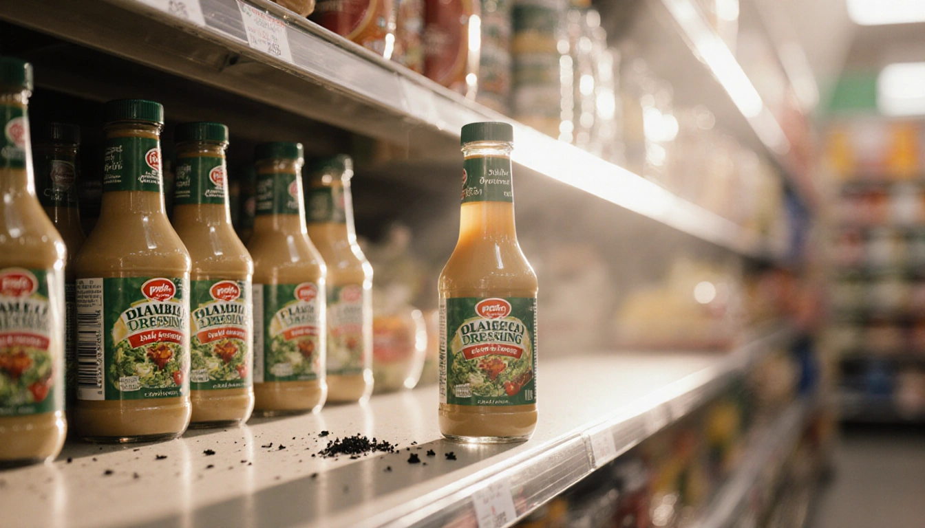 Open salad dressing bottle revealing black plastic particle with warm light on grocery shelf.