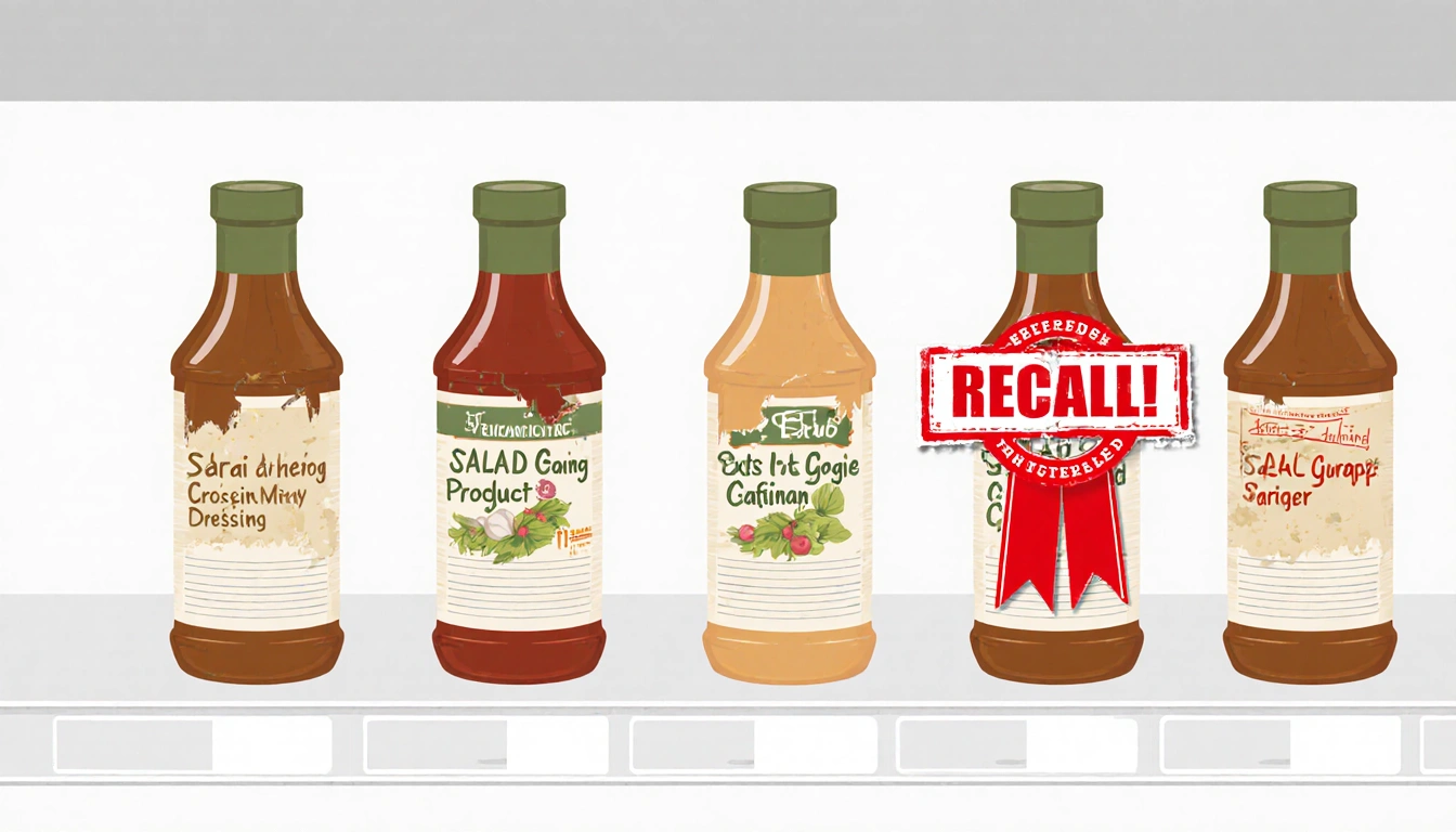 Recall notice appearing on salad dressing labels with faded stickers on clean white grocery shelf