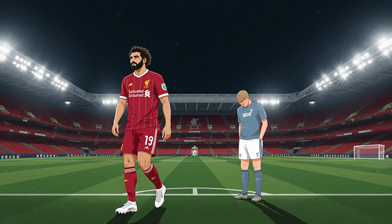 Mohamed Salah walks night field with Anfield lights as Slot stands beside him looking disappointed