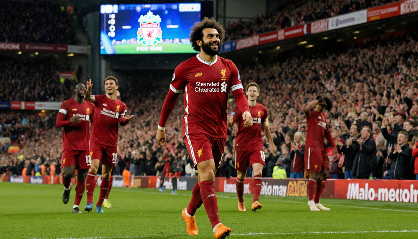 Salah enters pitch with standing ovation and teammates cheering from Anfield scoreboard shows Liverpool 2-0 against Brighton.
