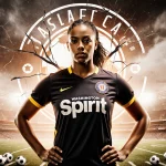 Trinity Rodman stands in her Spirit jersey before a cracked salary cap symbol with a football field and stadium backdrop.