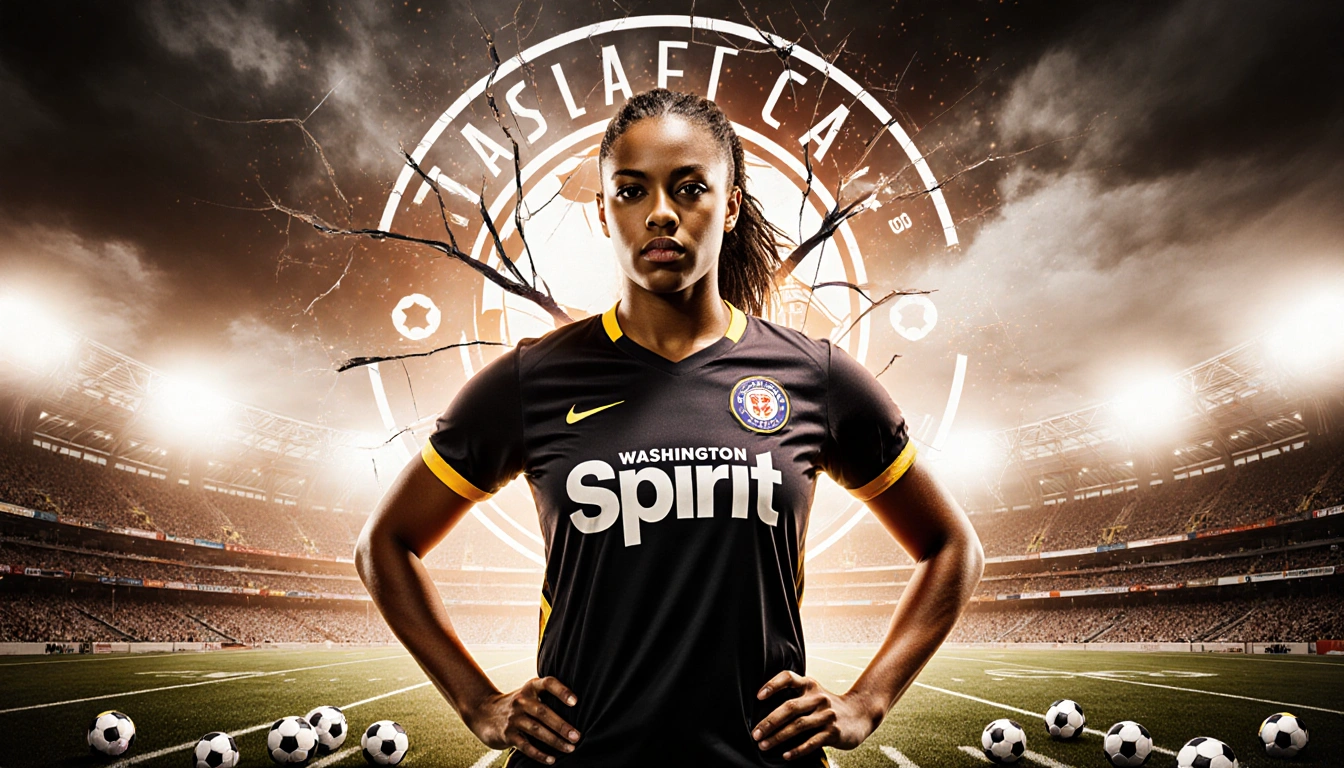 Trinity Rodman stands in her Spirit jersey before a cracked salary cap symbol with a football field and stadium backdrop.