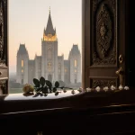 Casket resting with rose petals and eucalyptus in front of an ornate temple door slightly ajar with dawn light on temple spir