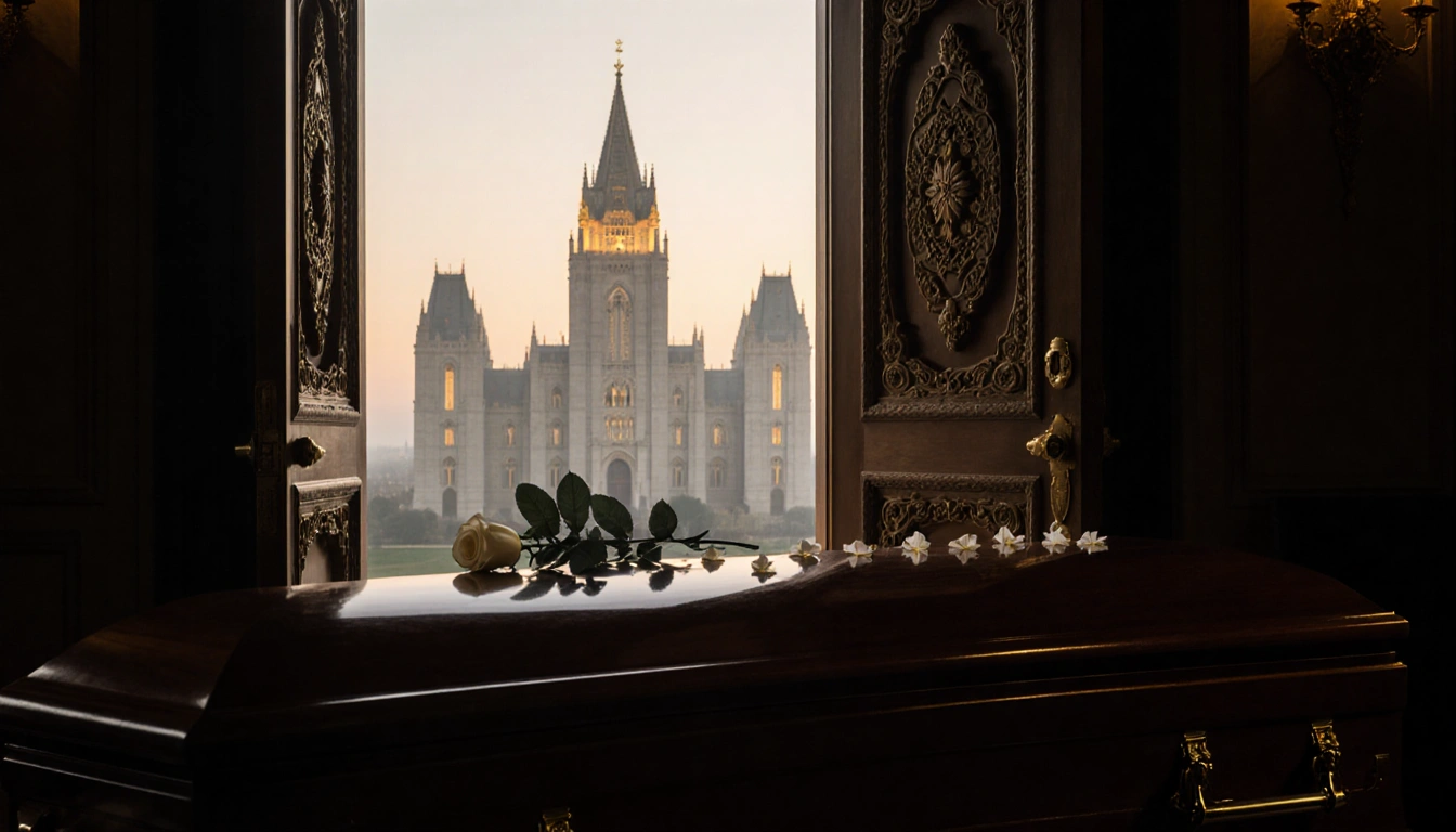 Casket resting with rose petals and eucalyptus in front of an ornate temple door slightly ajar with dawn light on temple spir