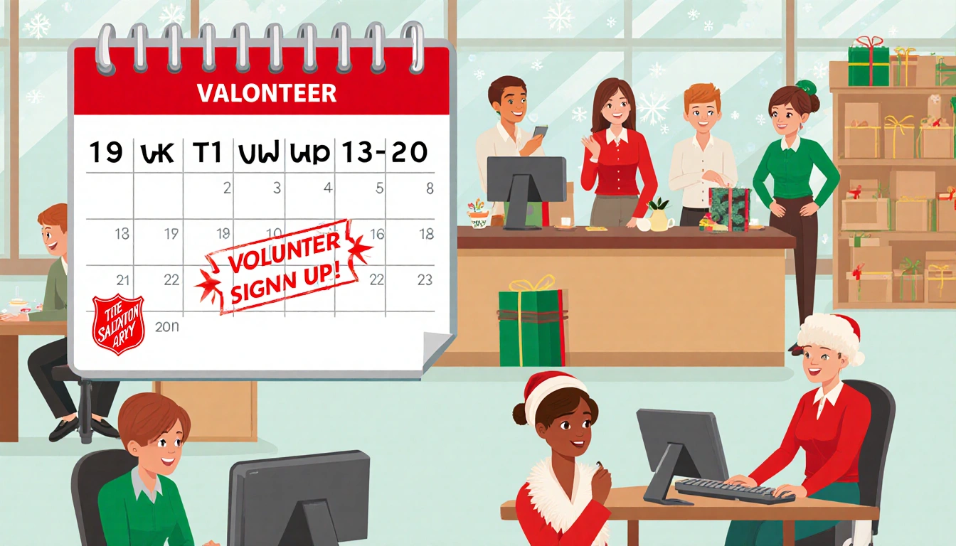 Volunteer signing up for a shift on a computer with calendar showing December 13-20 and Salvation Army red and green backdrop