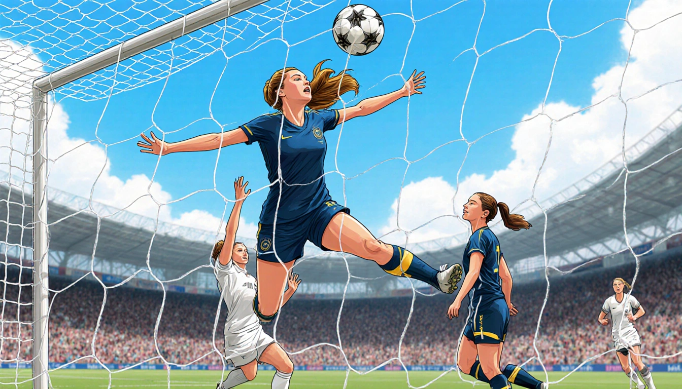 Sam Kerr leaps for a header as she scores the goal with Wolfsburg defenders off-balance and a blurred crowd behind.