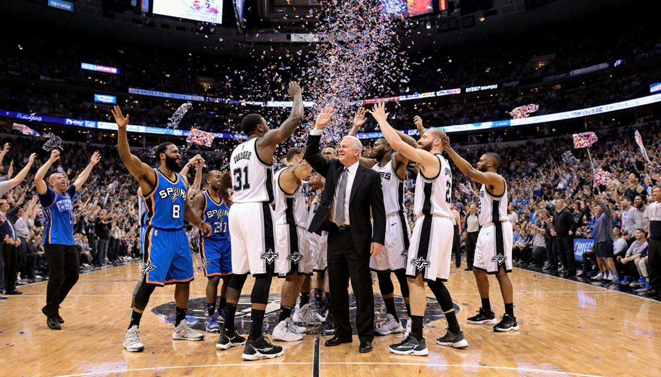 Spurs players high‑fiving coach with confetti exploding and fans cheering in the stands