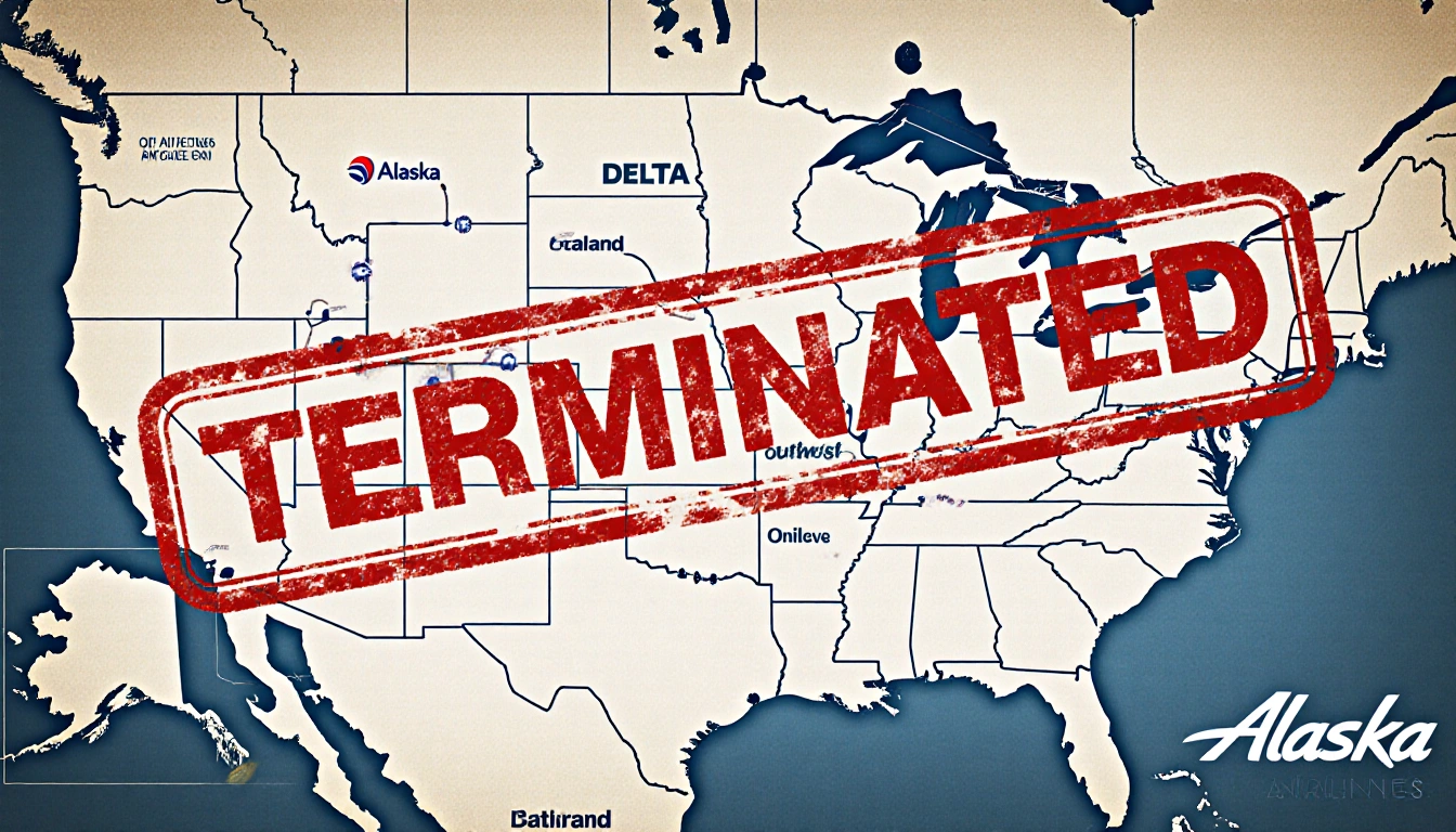 Faded route map shows terminated San Francisco route with red stamp and Alaska Airlines logo next to airplane icon.