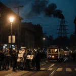 Crowd gathers around a street performer on San Francisco streets at night with streetlamp and looming substation in backgroun