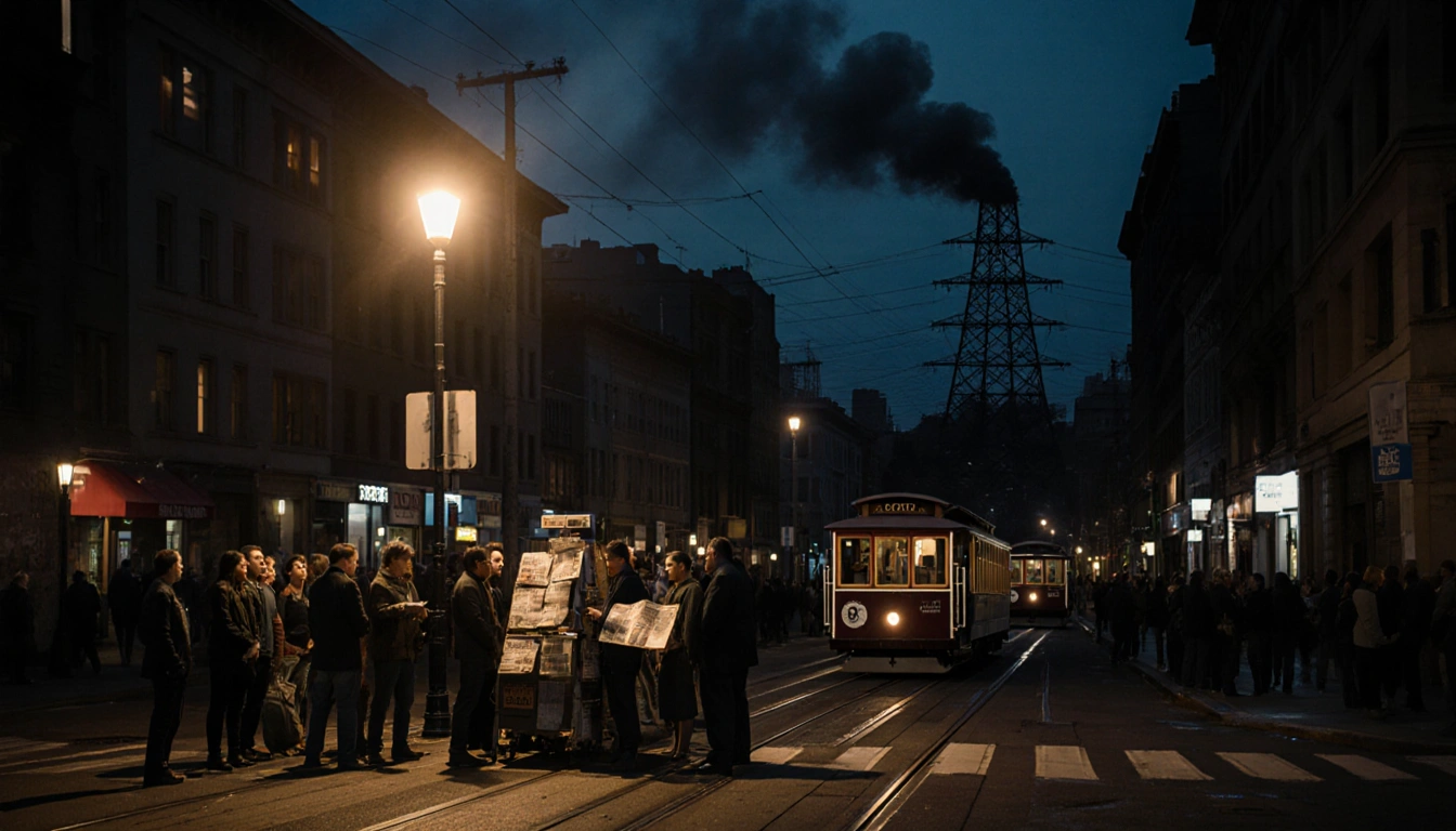 Crowd gathers around a street performer on San Francisco streets at night with streetlamp and looming substation in backgroun