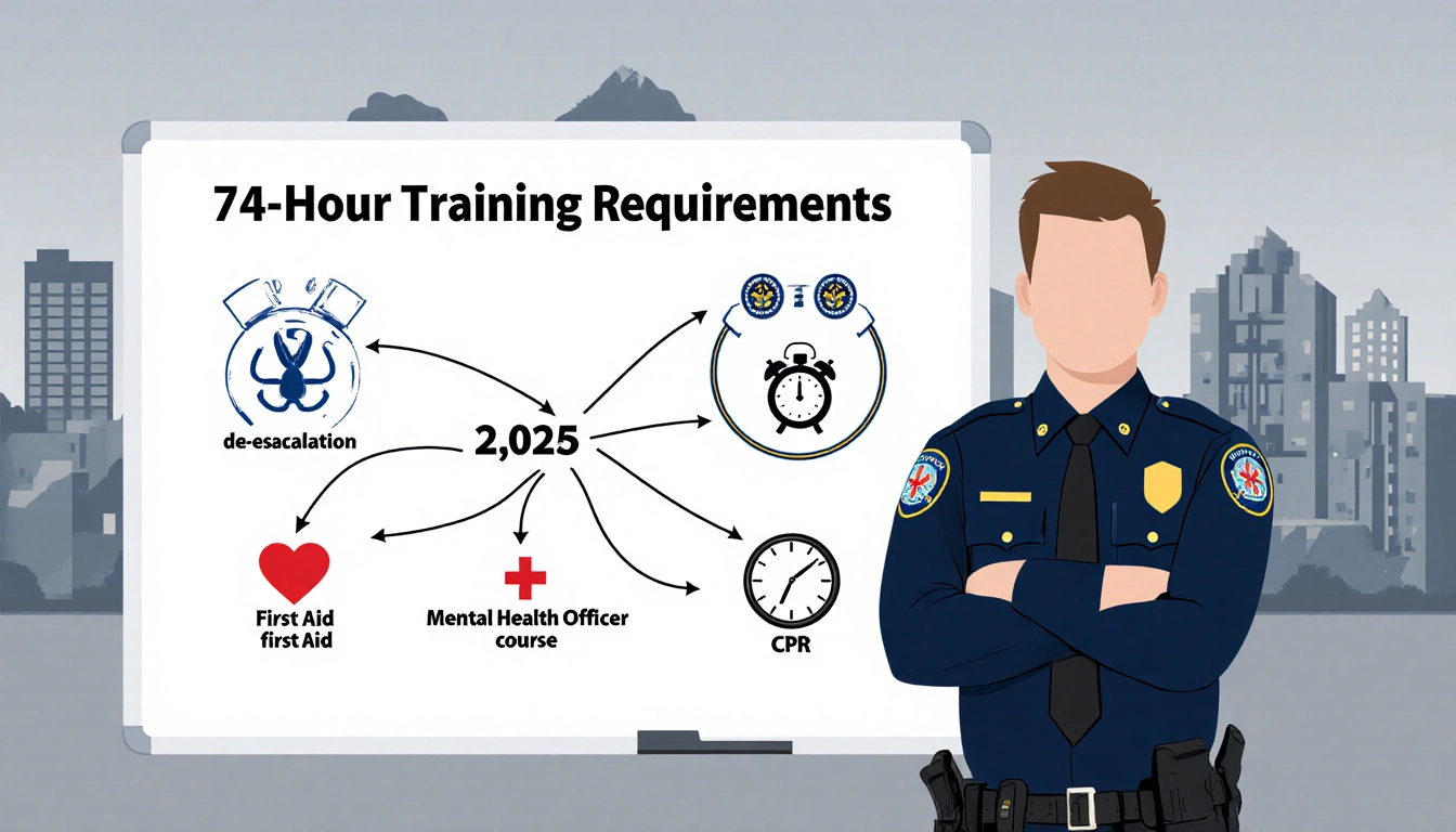 San Marcos PD officer standing confidently with whiteboard diagram of 74‑hour training and badges showing 42,000 logged hours