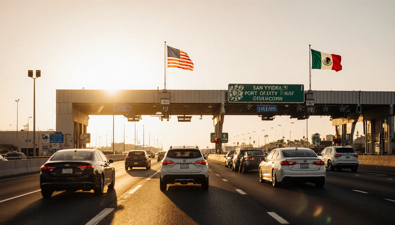 Cars speeding through San Ysidro border lanes with Mexican and American flags and a warm sunrise glow