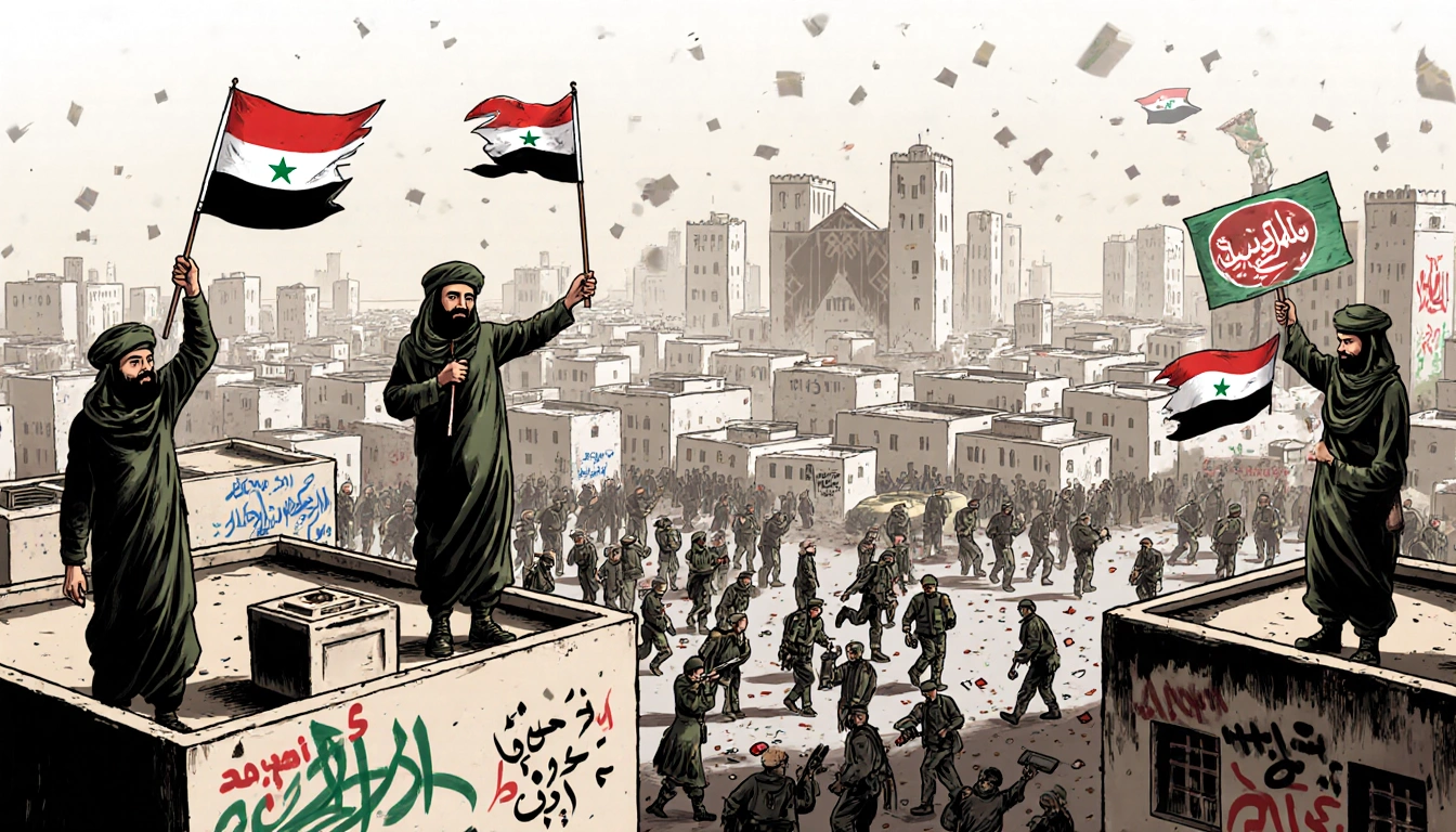 Houthis holding control signs atop buildings with flags and graffiti in chaotic Sanaa cityscape