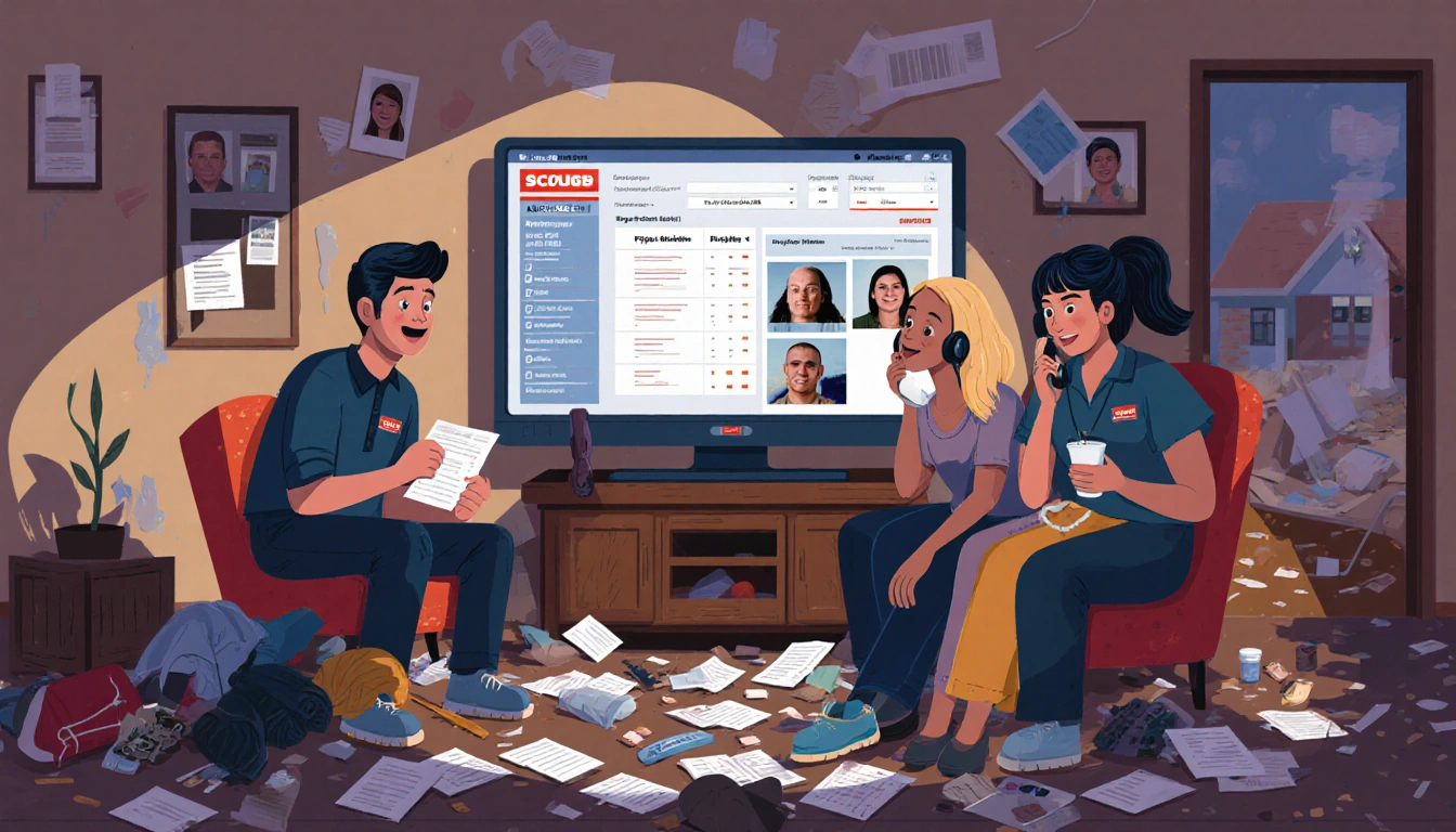 Volunteers coordinating with KXAN team around a screen showing missing persons list in a flooded room