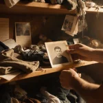 Volunteer gently places faded photograph on wooden shelf with mementos and warm glow.