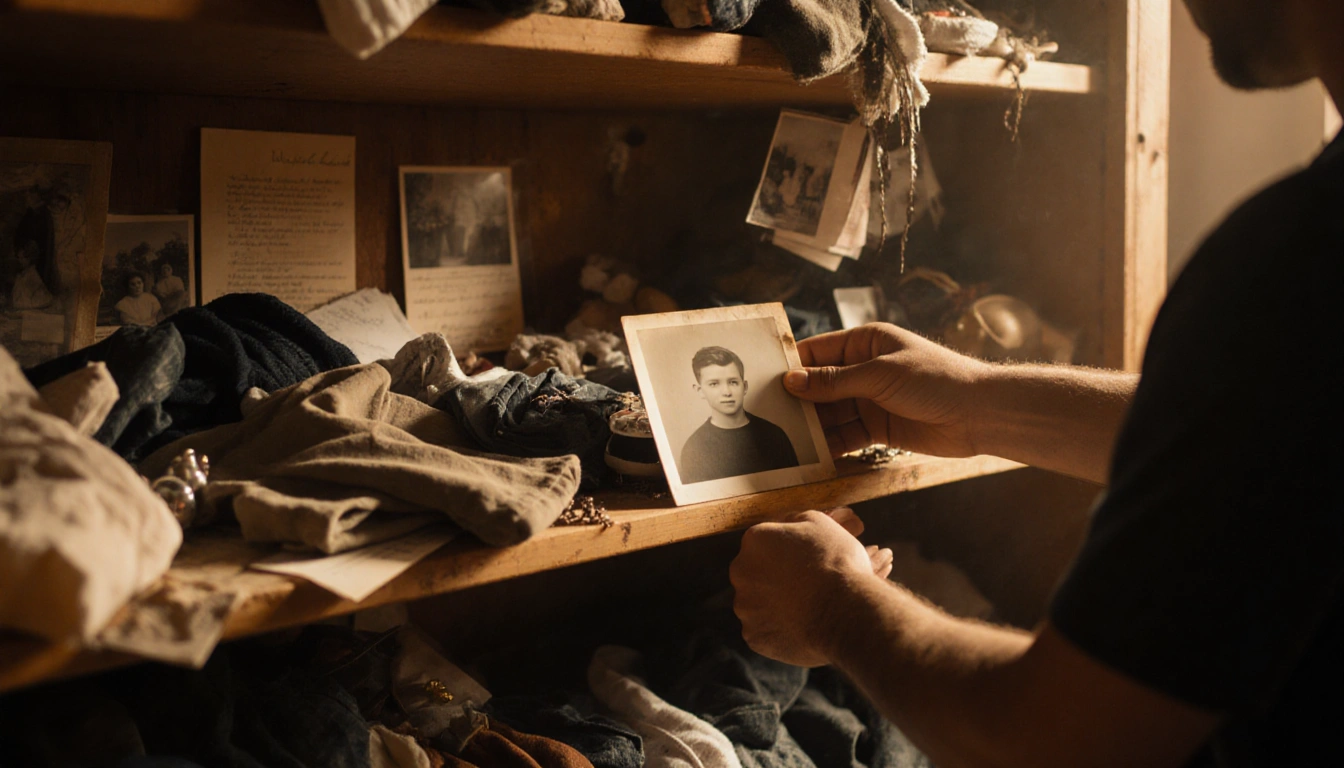 Volunteer gently places faded photograph on wooden shelf with mementos and warm glow.