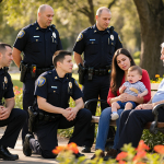 Police officers kneeling beside a mother with crying child in a sunny park showing community support
