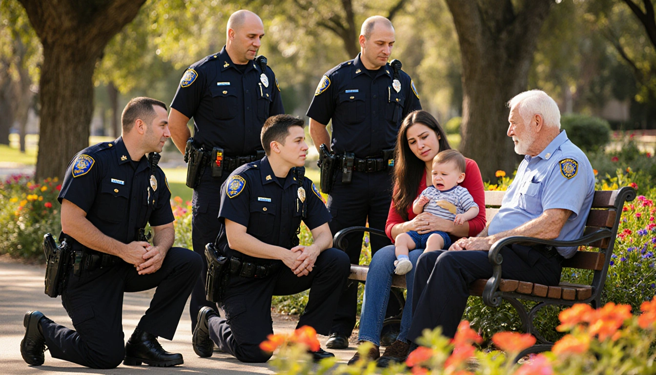 Police officers kneeling beside a mother with crying child in a sunny park showing community support