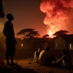 Farmer standing at doorstep looking up in shock with a red glow lighting night village and villagers huddling in foreground