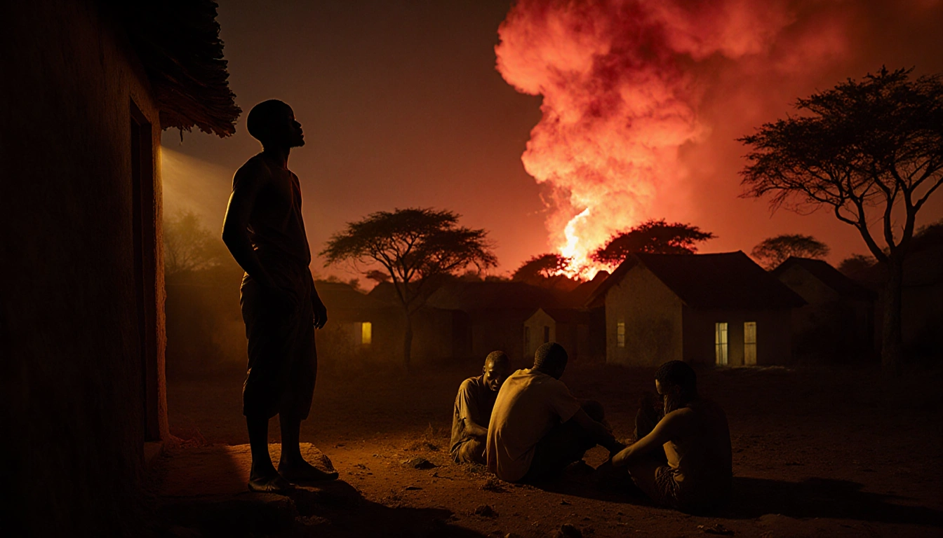 Farmer standing at doorstep looking up in shock with a red glow lighting night village and villagers huddling in foreground