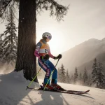 Silhouette of Sara Hector skiing with bright racing suit and ski poles leaning against a tree in misty Austrian mountains