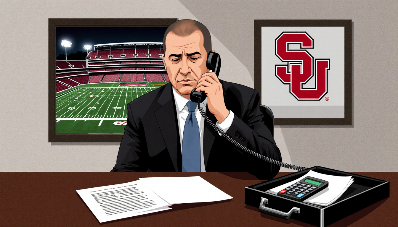 Sarkisian sits at desk with phone and contract briefcase open showing papers college football backdrop frustrated over NIL